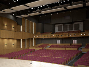 artistic rendering of mcclaren hall in the wachholz college center, a large performance hall featuring rows of red carpeted seats and wood grain walls with acoustic treatments